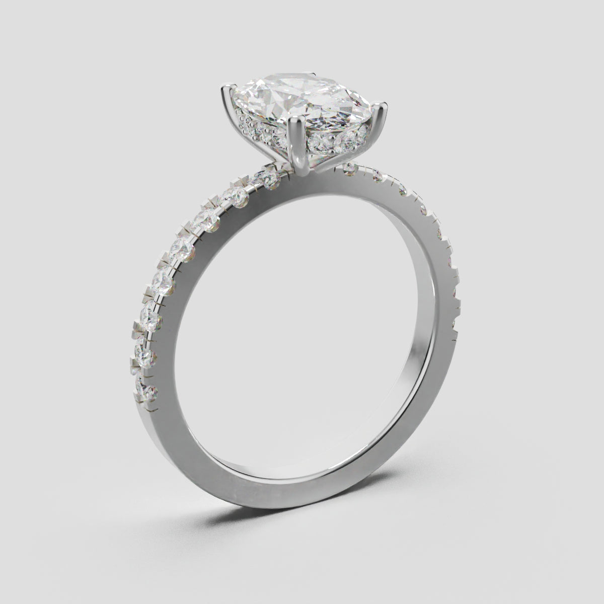Foschia, 1.5ct oval lab grown diamond engagement ring, 1.8mm Pave, Hidden Halo, 18K white gold - ne