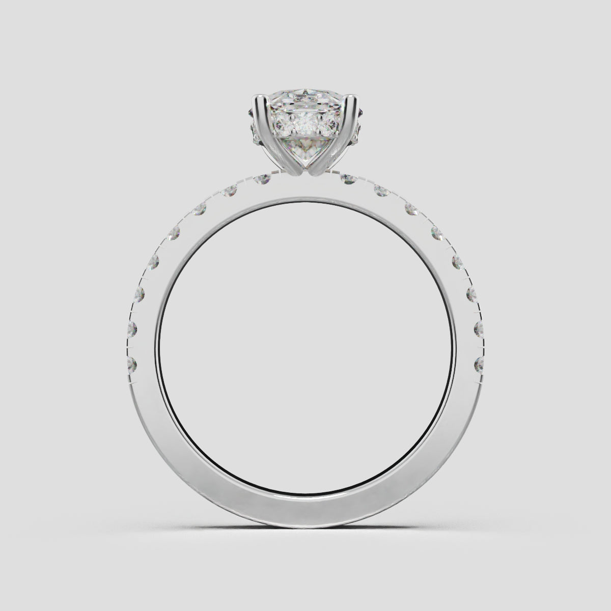 Foschia, 1.5ct oval lab grown diamond engagement ring, 1.8mm Pave, Hidden Halo, 18K white gold - through finger
