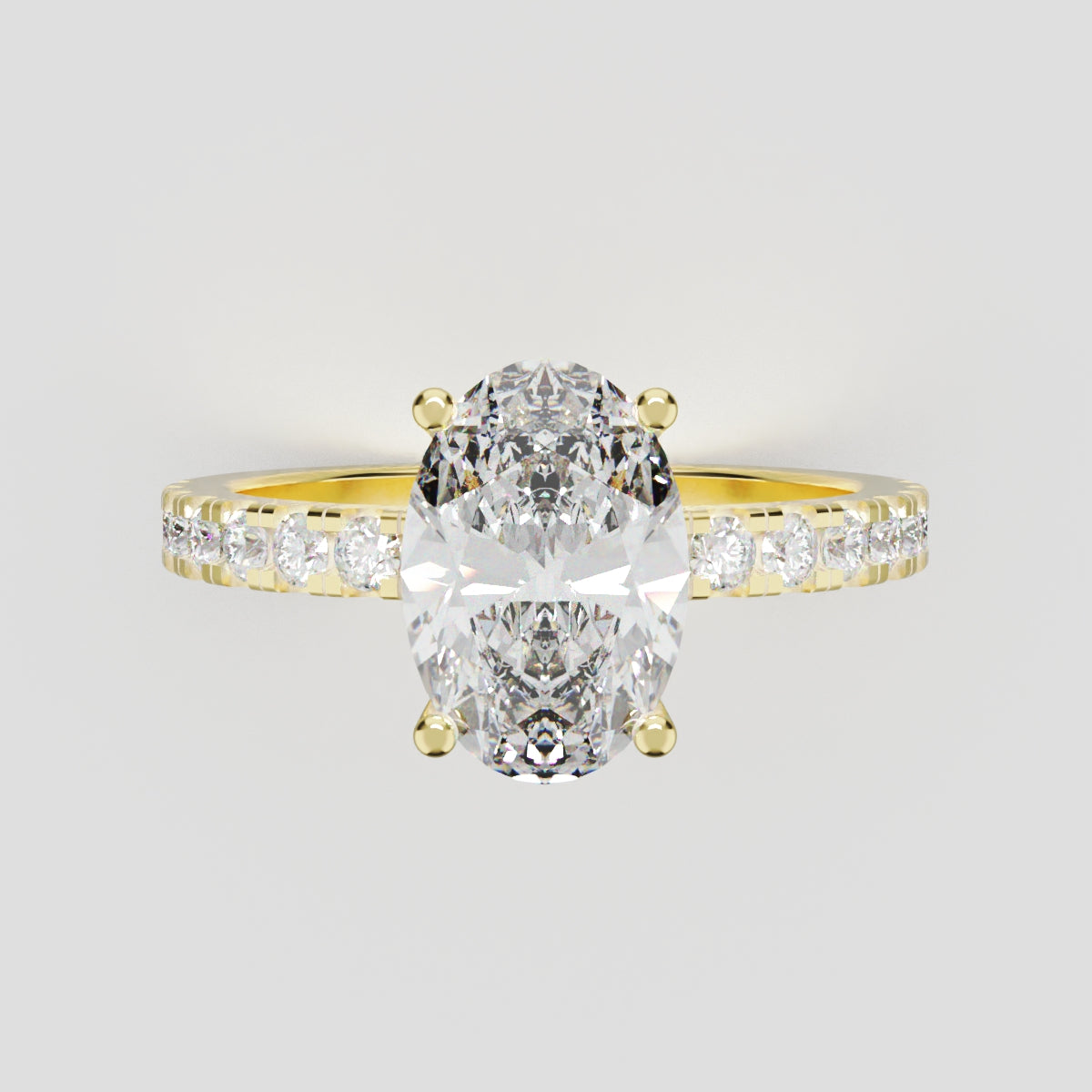 Foschia, 1.5ct oval lab grown diamond engagement ring, 1.8mm Pave, Hidden Halo, 18K yellow gold - front view