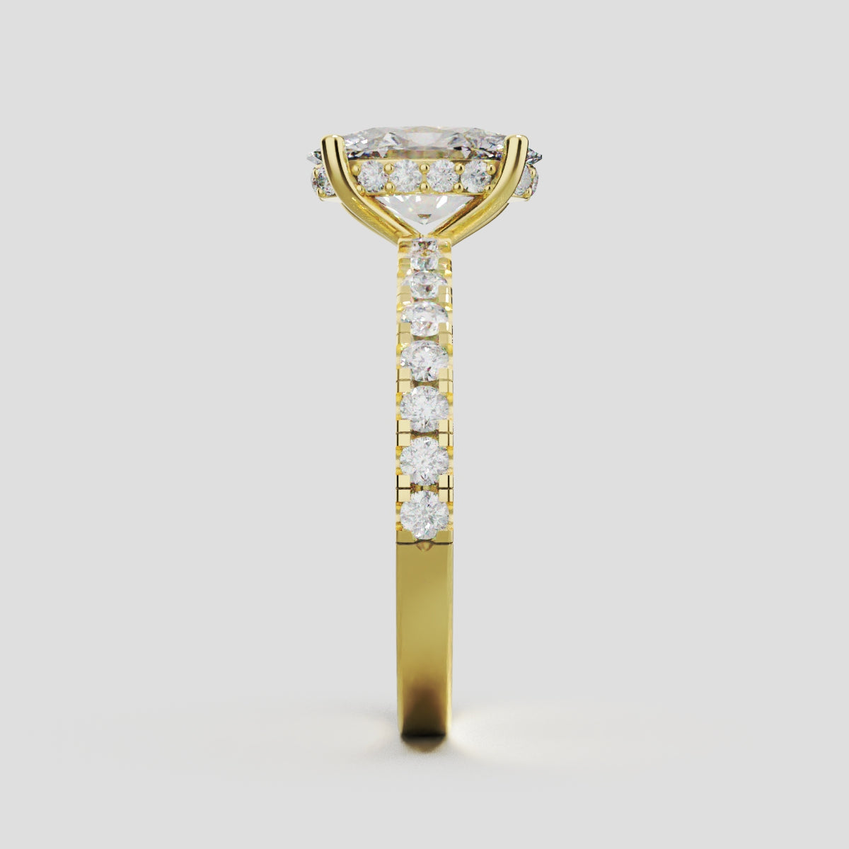 Foschia, 1.5ct oval lab grown diamond engagement ring, 1.8mm Pave, Hidden Halo, 18K yellow gold - side view