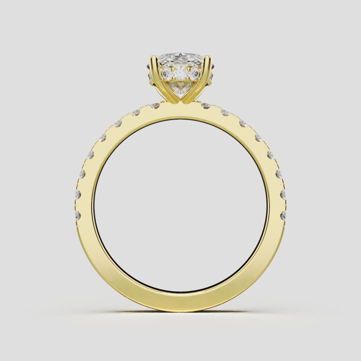 Foschia, 1.5ct oval lab grown diamond engagement ring, 1.8mm Pave, Hidden Halo, 18K yellow gold - through finger