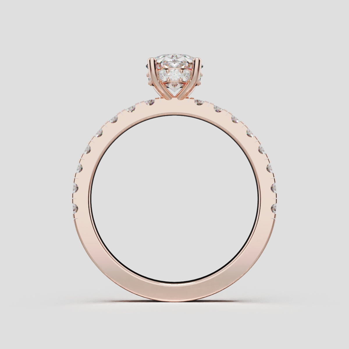 Foschia, 1ct oval lab grown diamond engagement ring, 1.8mm Pave, Hidden Halo, 18K rose gold - through finger