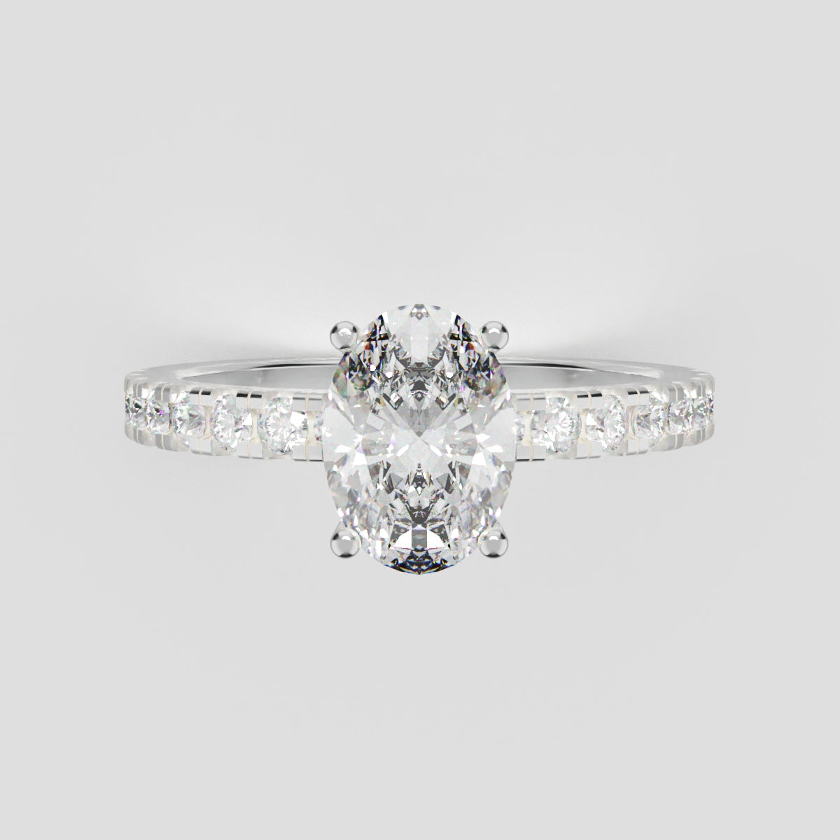 Foschia, 1ct oval lab grown diamond engagement ring, 1.8mm Pave, Hidden Halo, 18K white gold - front view