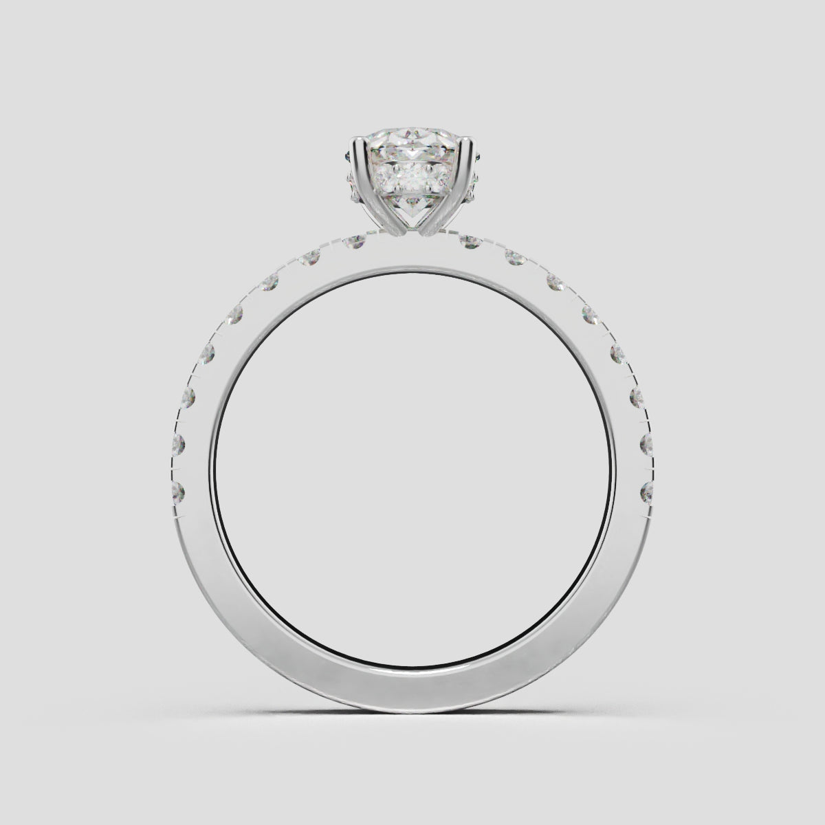 Foschia, 1ct oval lab grown diamond engagement ring, 1.8mm Pave, Hidden Halo, 18K white gold - through finger