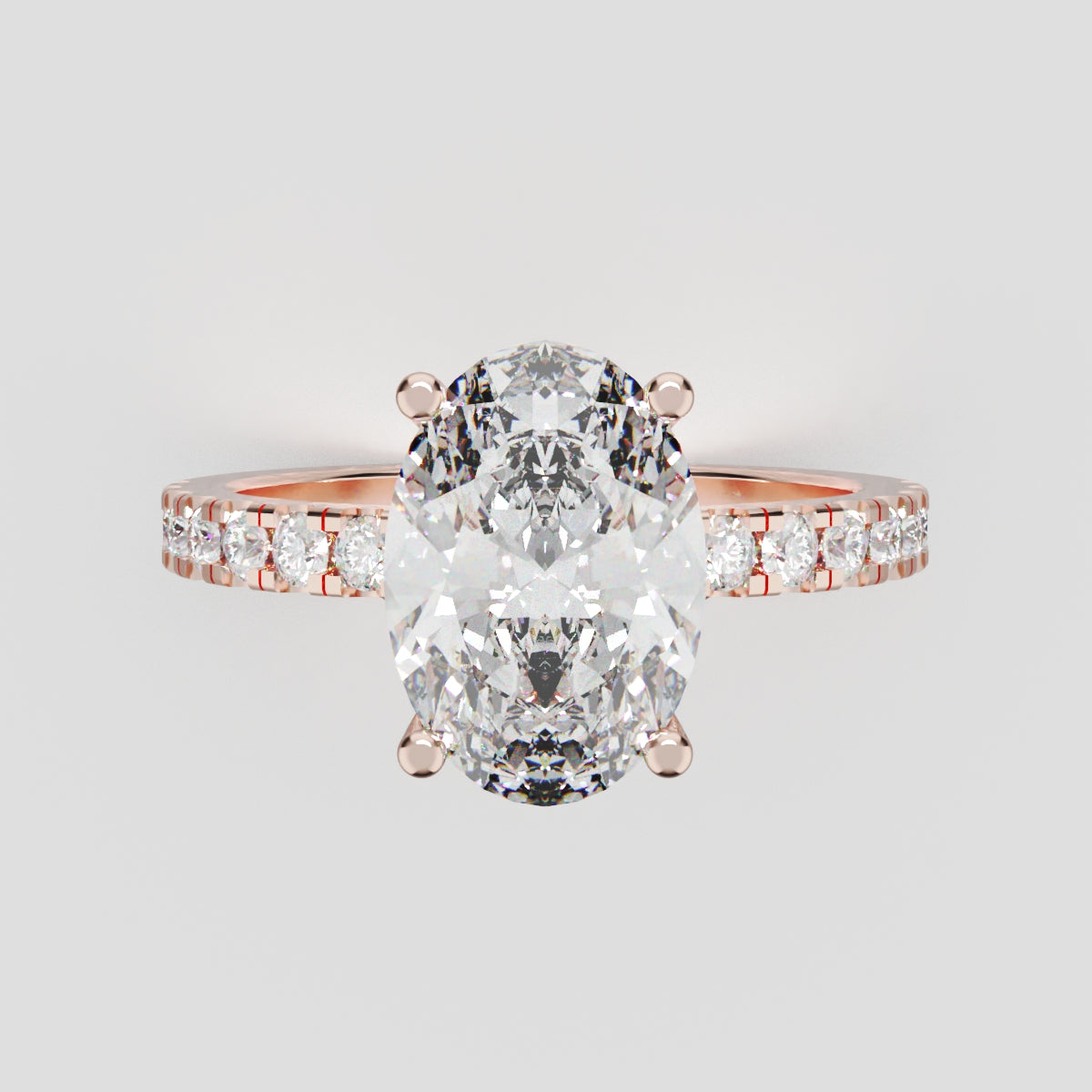Foschia, 2ct oval lab grown diamond engagement ring, 1.8mm Pave, Hidden Halo, 18K rose gold - front view