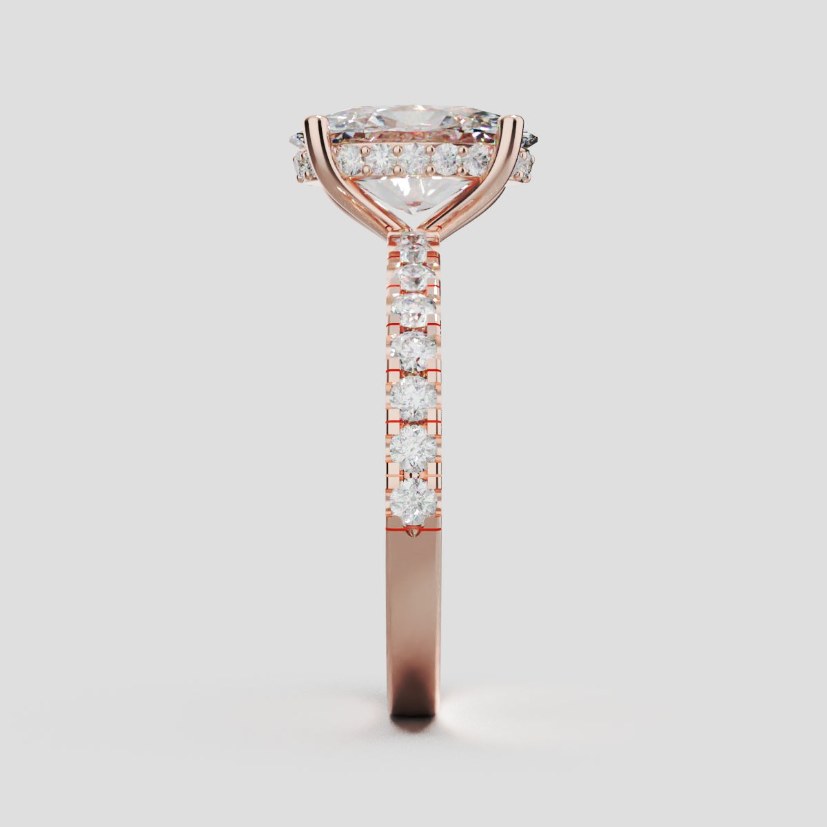 Foschia, 2ct oval lab grown diamond engagement ring, 1.8mm Pave, Hidden Halo, 18K rose gold - side view