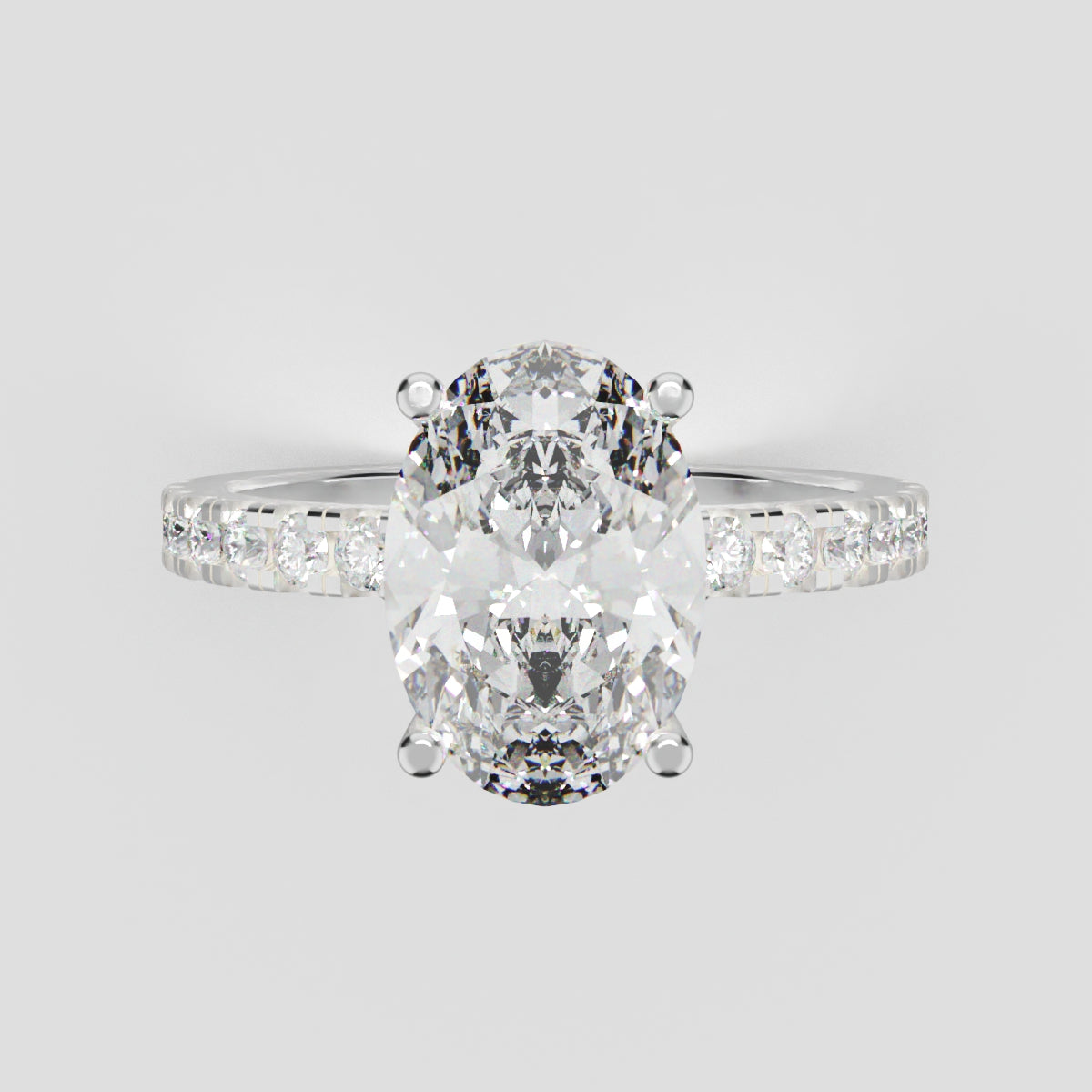 Foschia, 2ct oval lab grown diamond engagement ring, 1.8mm Pave, Hidden Halo, 18K white gold - front view