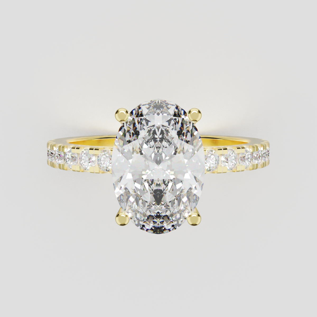 Foschia, 2ct oval lab grown diamond engagement ring, 1.8mm Pave, Hidden Halo, 18K yellow gold - front view