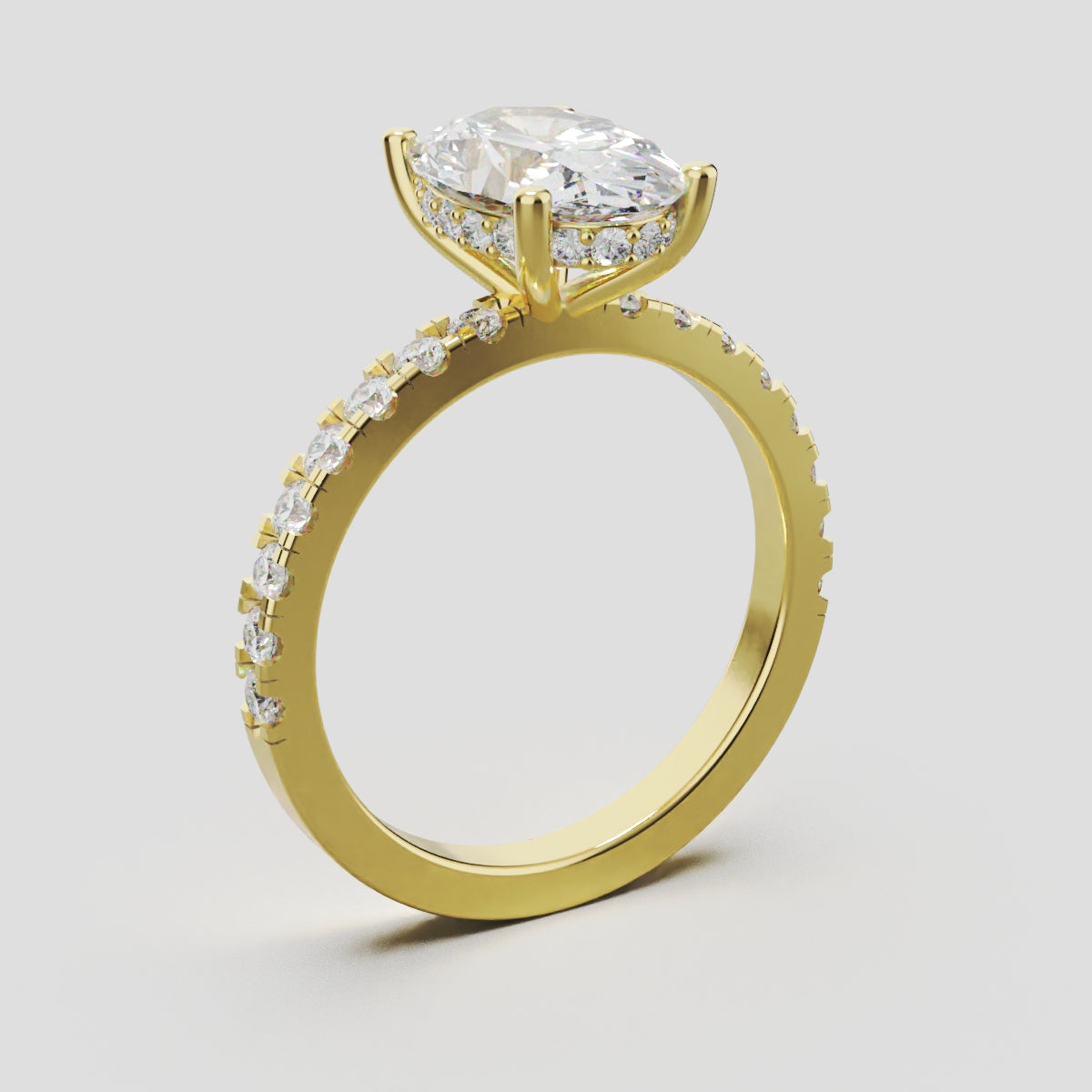 Foschia, 2ct oval lab grown diamond engagement ring, 1.8mm Pave, Hidden Halo, 18K yellow gold - ne