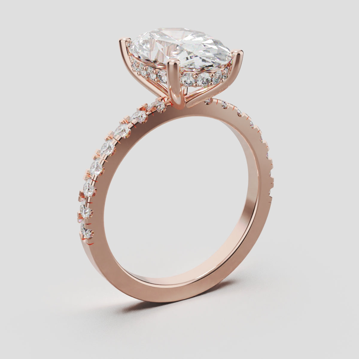 Foschia, 3ct oval lab grown diamond engagement ring, 1.8mm Pave, Hidden Halo, 18K rose gold - ne