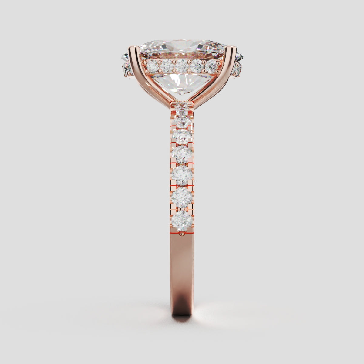 Foschia, 3ct oval lab grown diamond engagement ring, 1.8mm Pave, Hidden Halo, 18K rose gold - side view