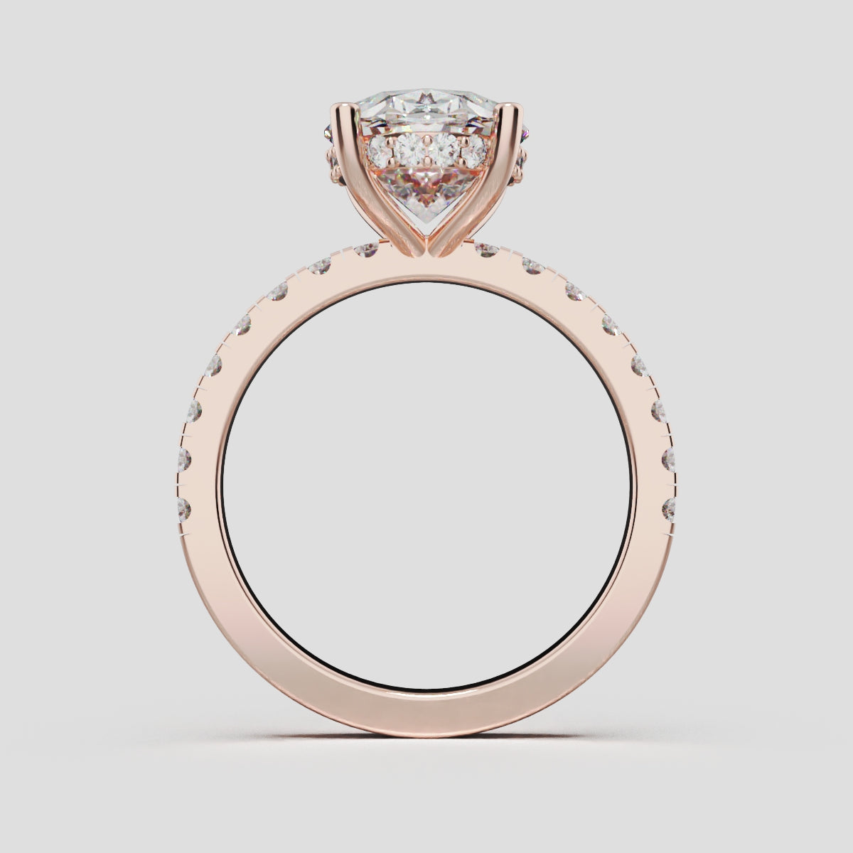 Foschia, 3ct oval lab grown diamond engagement ring, 1.8mm Pave, Hidden Halo, 18K rose gold - through finger