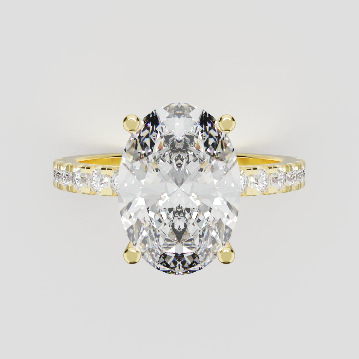 Foschia, 3ct oval lab grown diamond engagement ring, 1.8mm Pave, Hidden Halo, 18K yellow gold - front view