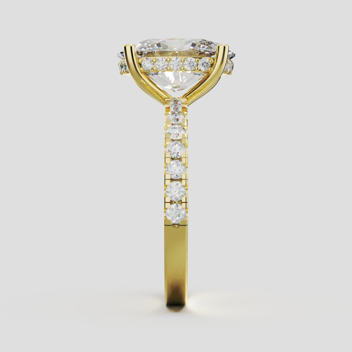 Foschia, 3ct oval lab grown diamond engagement ring, 1.8mm Pave, Hidden Halo, 18K yellow gold - side view