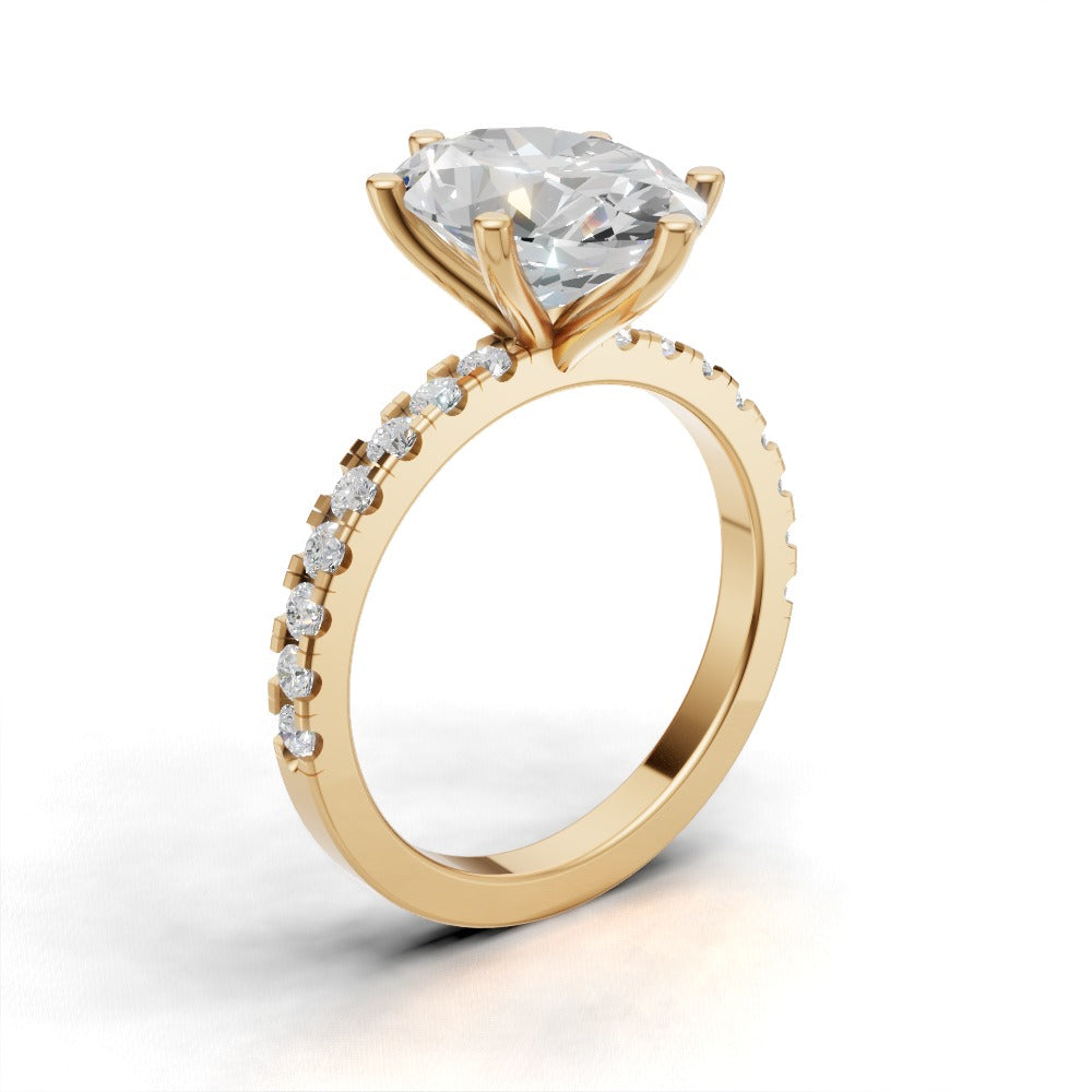 Pioggia, 3ct oval lab grown diamond engagement ring, 1.8mm Pave, 6 Prongs, 18K yellow gold - ne