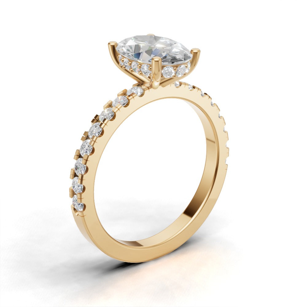 Foschia, 1.5ct oval lab grown diamond engagement ring, 1.8mm Pave, Hidden Halo, 18K yellow gold - ne