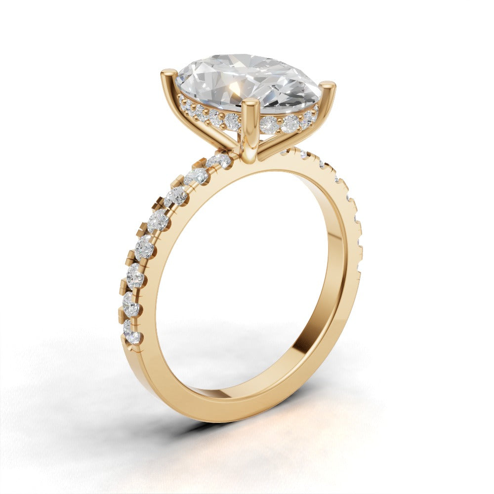 Foschia, 3ct oval lab grown diamond engagement ring, 1.8mm Pave, Hidden Halo, 18K yellow gold - ne