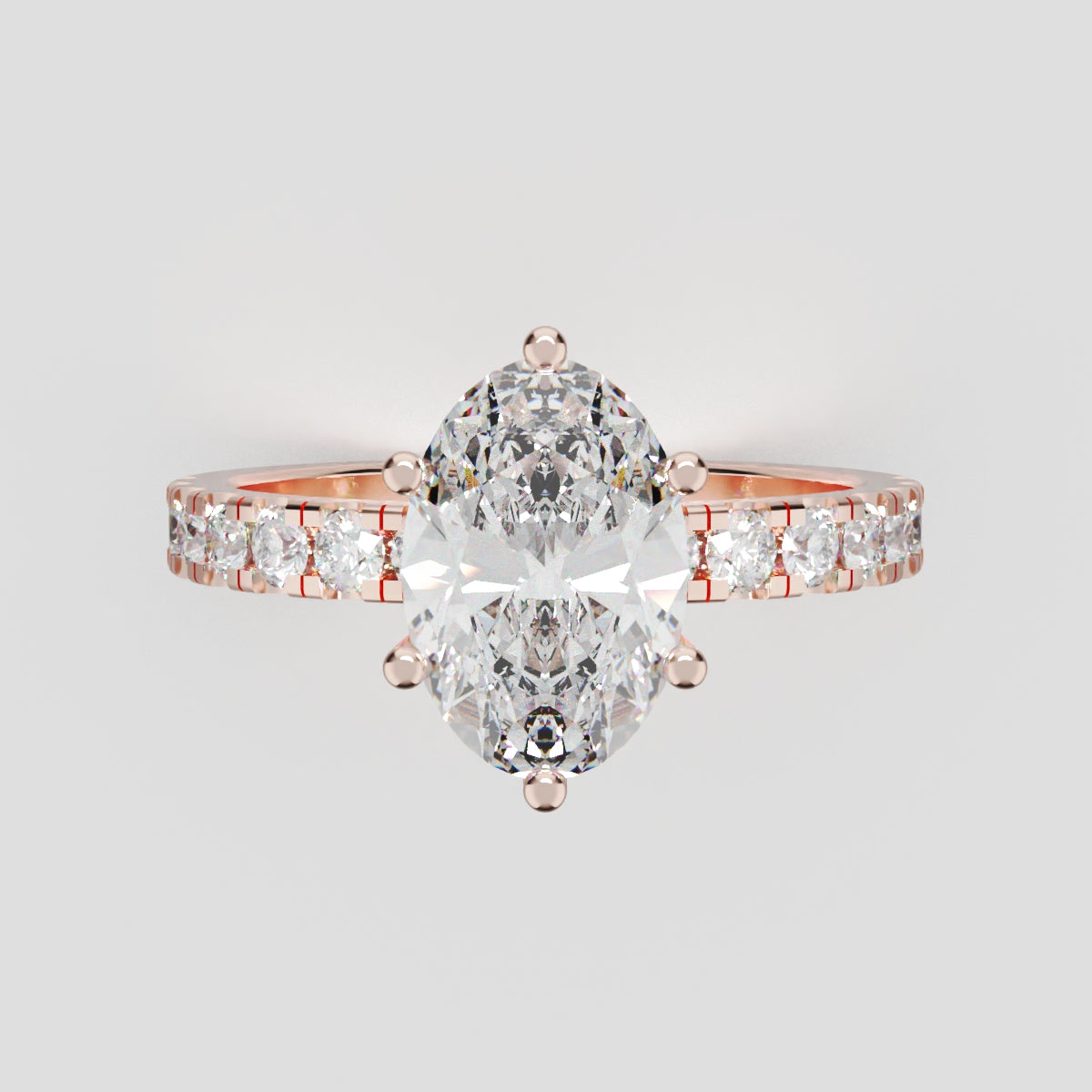 Bagliore, 1.5ct oval lab grown diamond engagement ring, 2.0mm Pave, 6 Prongs, 18K rose gold - front view