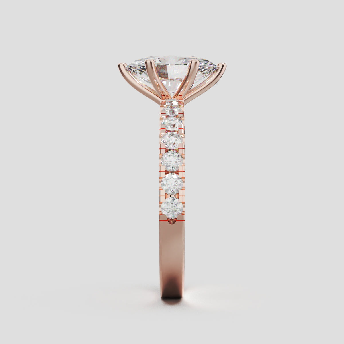 Bagliore, 1.5ct oval lab grown diamond engagement ring, 2.0mm Pave, 6 Prongs, 18K rose gold - side view