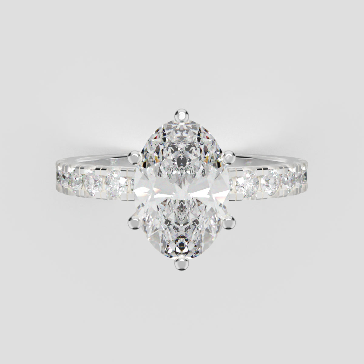 Bagliore, 1.5ct oval lab grown diamond engagement ring, 2.0mm Pave, 6 Prongs, 18K white gold - front view