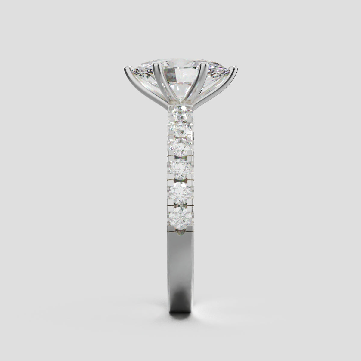 Bagliore, 1.5ct oval lab grown diamond engagement ring, 2.0mm Pave, 6 Prongs, 18K white gold - side view