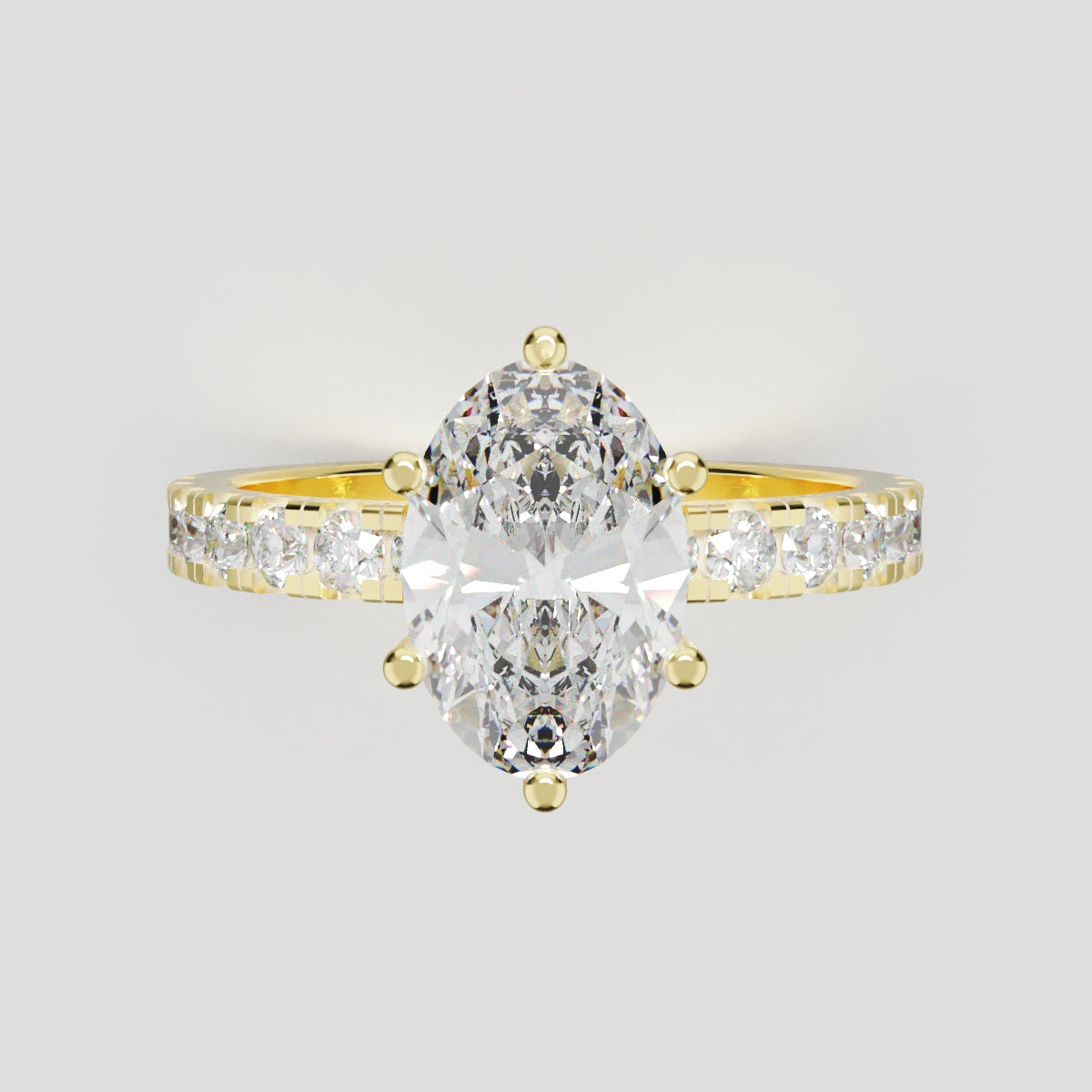 Bagliore, 1.5ct oval lab grown diamond engagement ring, 2.0mm Pave, 6 Prongs, 18K yellow gold - front view