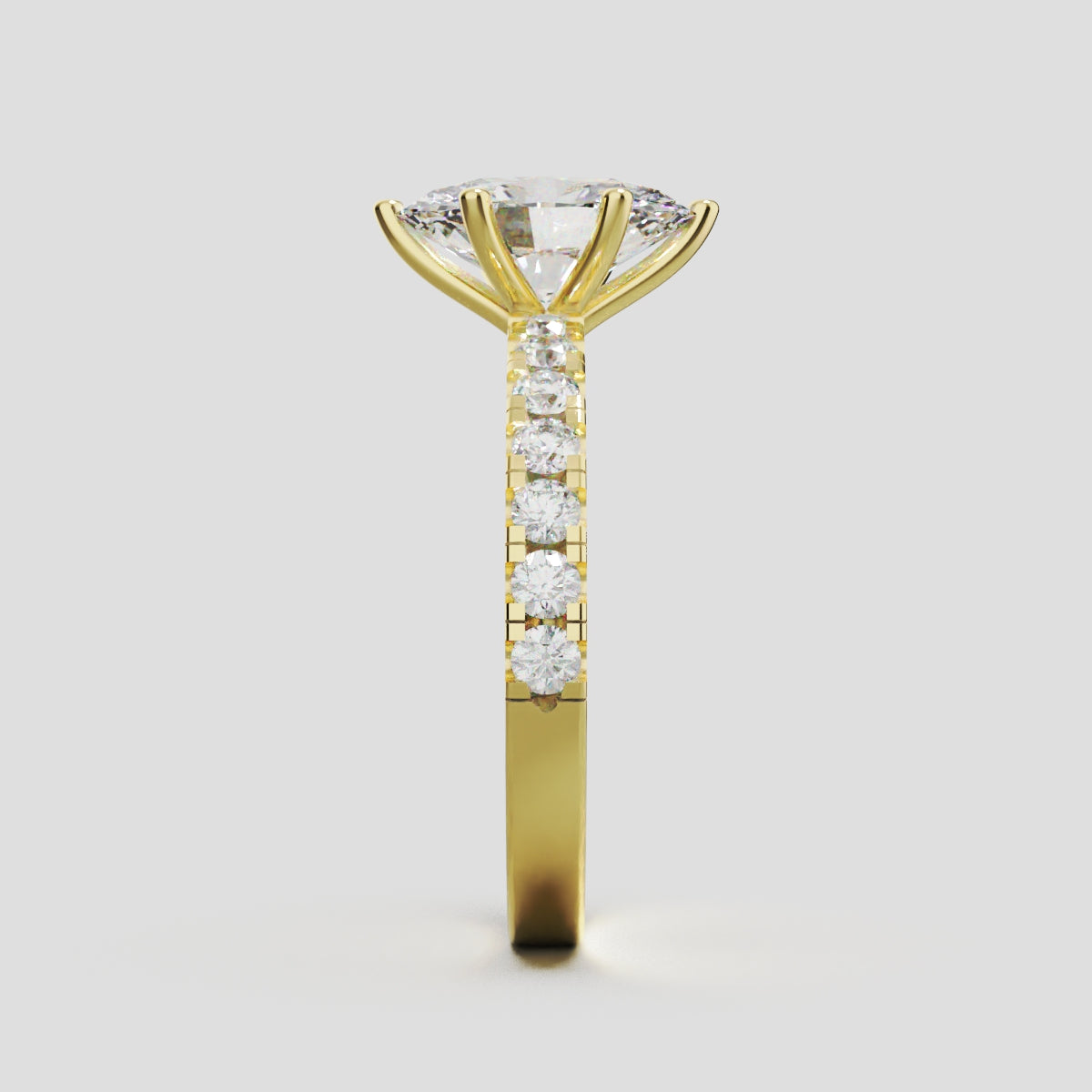 Bagliore, 1.5ct oval lab grown diamond engagement ring, 2.0mm Pave, 6 Prongs, 18K yellow gold - side view