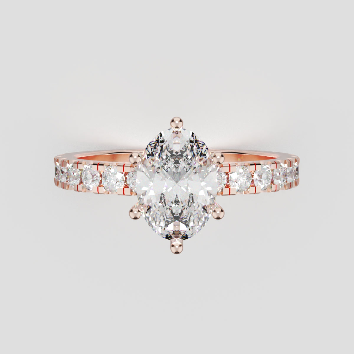Bagliore, 1ct oval lab grown diamond engagement ring, 2.0mm Pave, 6 Prongs, 18K rose gold - front view