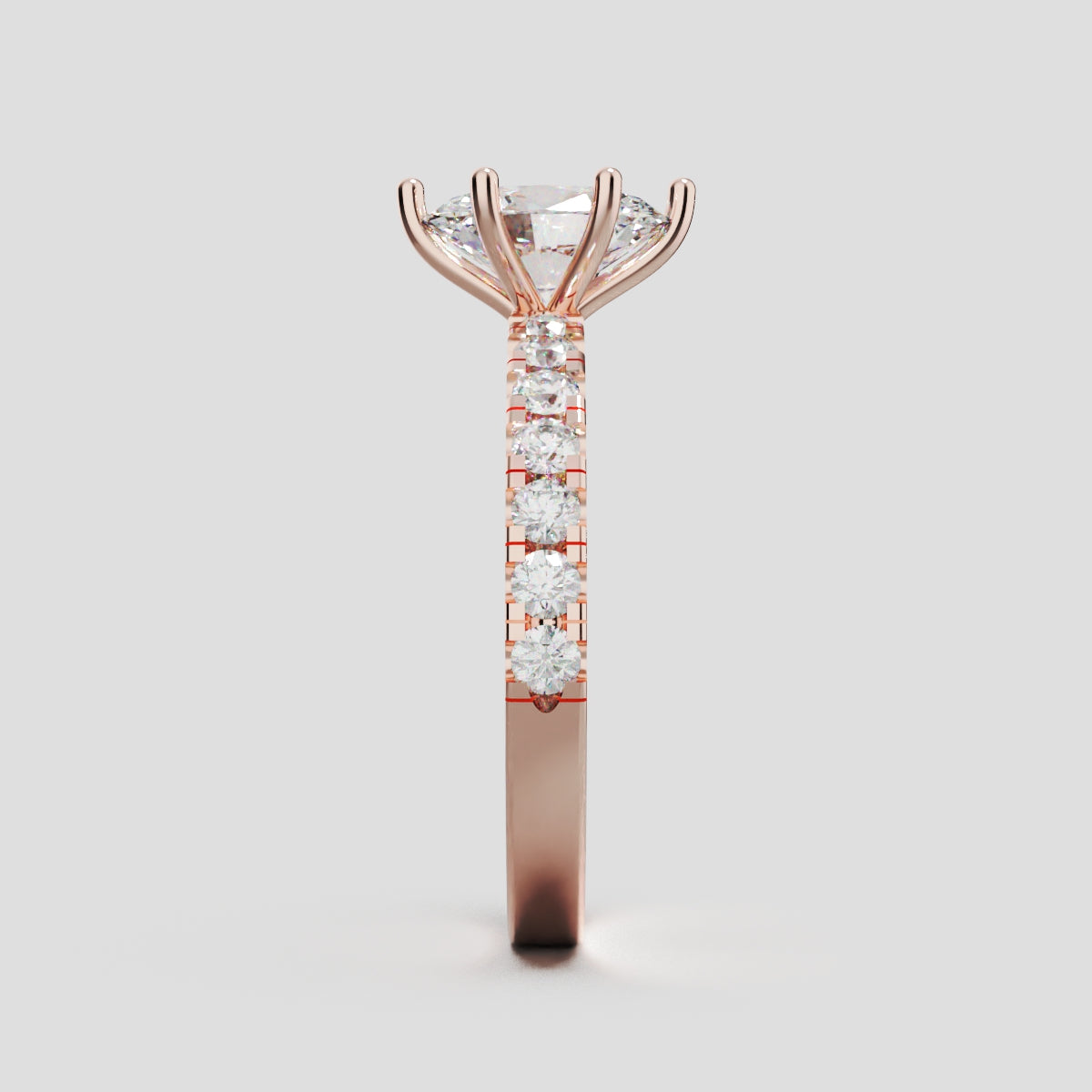 Bagliore, 1ct oval lab grown diamond engagement ring, 2.0mm Pave, 6 Prongs, 18K rose gold - side view