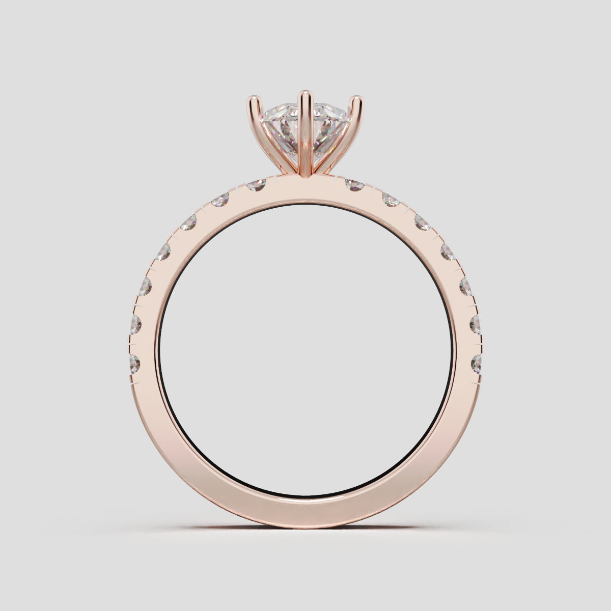 Bagliore, 1ct oval lab grown diamond engagement ring, 2.0mm Pave, 6 Prongs, 18K rose gold - through finger