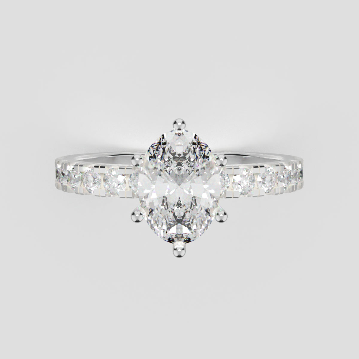 Bagliore, 1ct oval lab grown diamond engagement ring, 2.0mm Pave, 6 Prongs, 18K white gold - front view