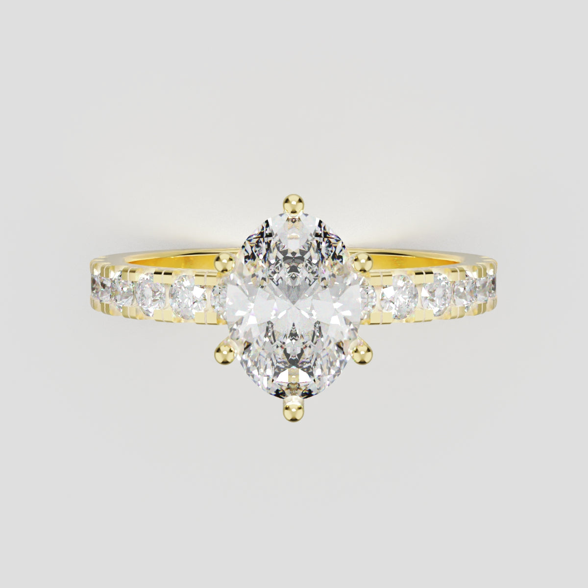 Bagliore, 1ct oval lab grown diamond engagement ring, 2.0mm Pave, 6 Prongs, 18K yellow gold - front view