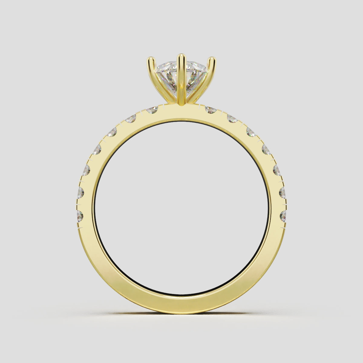 Bagliore, 1ct oval lab grown diamond engagement ring, 2.0mm Pave, 6 Prongs, 18K yellow gold - through finger