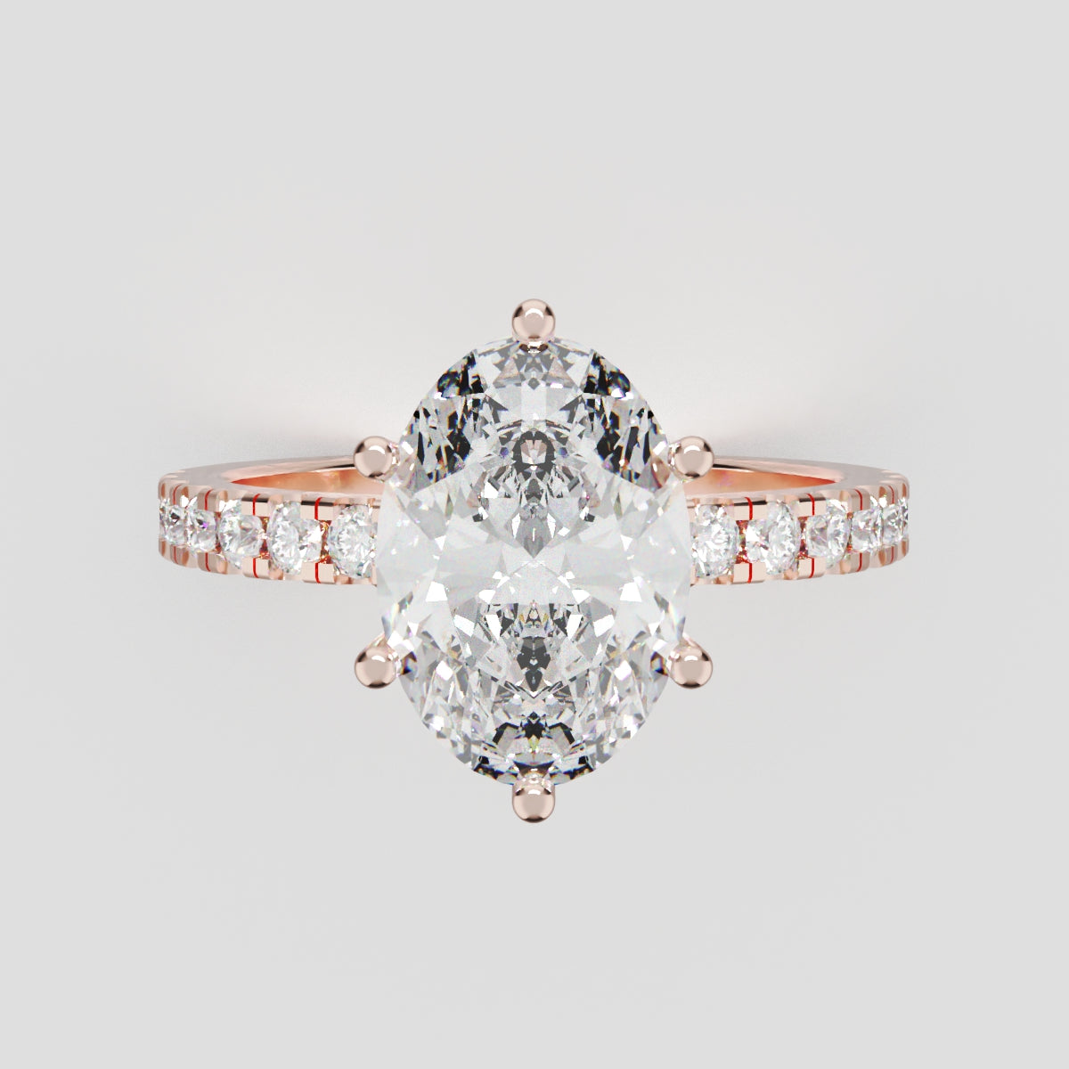 Bagliore, 2ct oval lab grown diamond engagement ring, 2.0mm Pave, 6 Prongs, 18K rose gold - front view