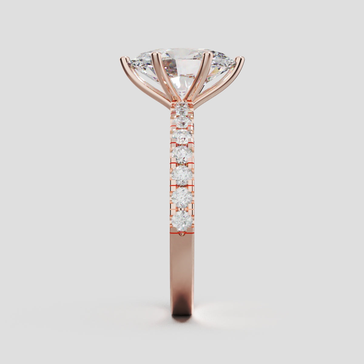 Bagliore, 2ct oval lab grown diamond engagement ring, 2.0mm Pave, 6 Prongs, 18K rose gold - side view