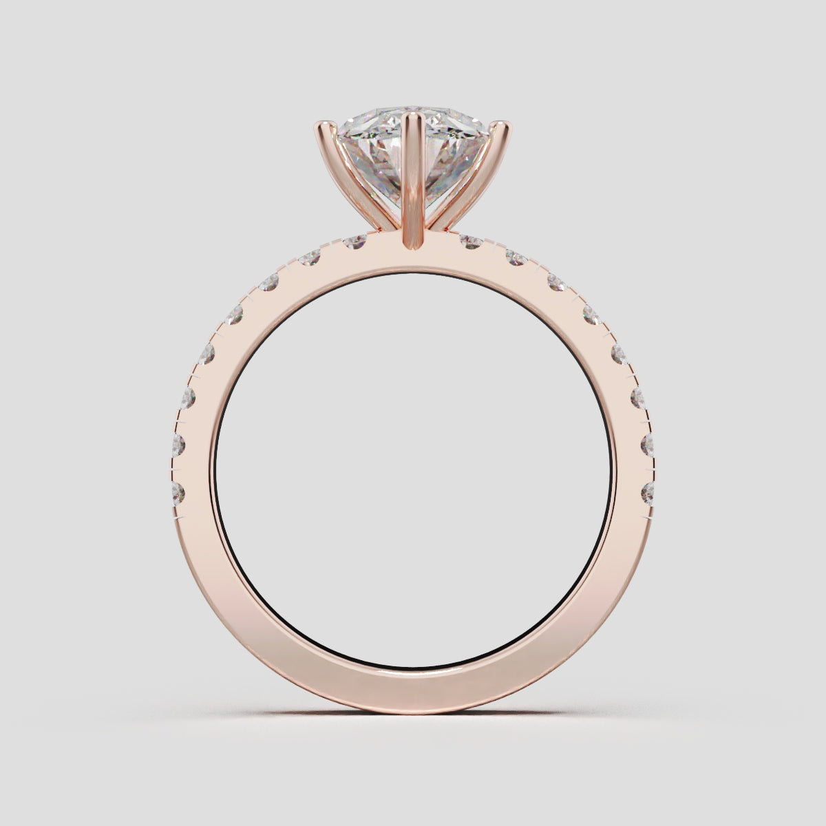 Bagliore, 2ct oval lab grown diamond engagement ring, 2.0mm Pave, 6 Prongs, 18K rose gold - through finger