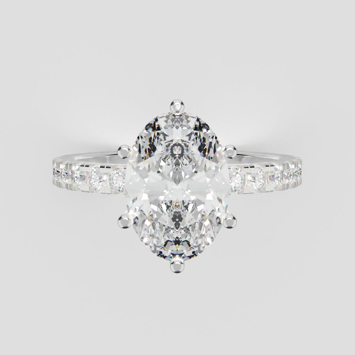 Bagliore, 2ct oval lab grown diamond engagement ring, 2.0mm Pave, 6 Prongs, 18K white gold - front view