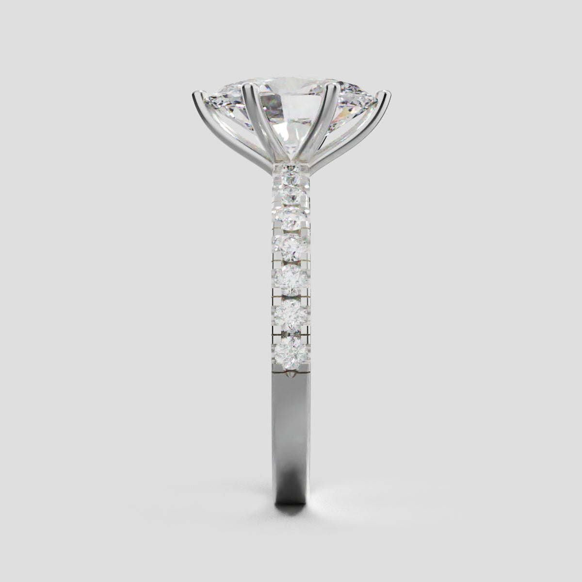 Bagliore, 2ct oval lab grown diamond engagement ring, 2.0mm Pave, 6 Prongs, 18K white gold - side view