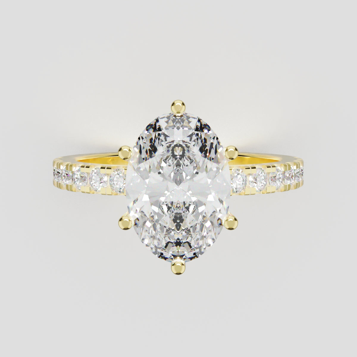 Bagliore, 2ct oval lab grown diamond engagement ring, 2.0mm Pave, 6 Prongs, 18K yellow gold - front view