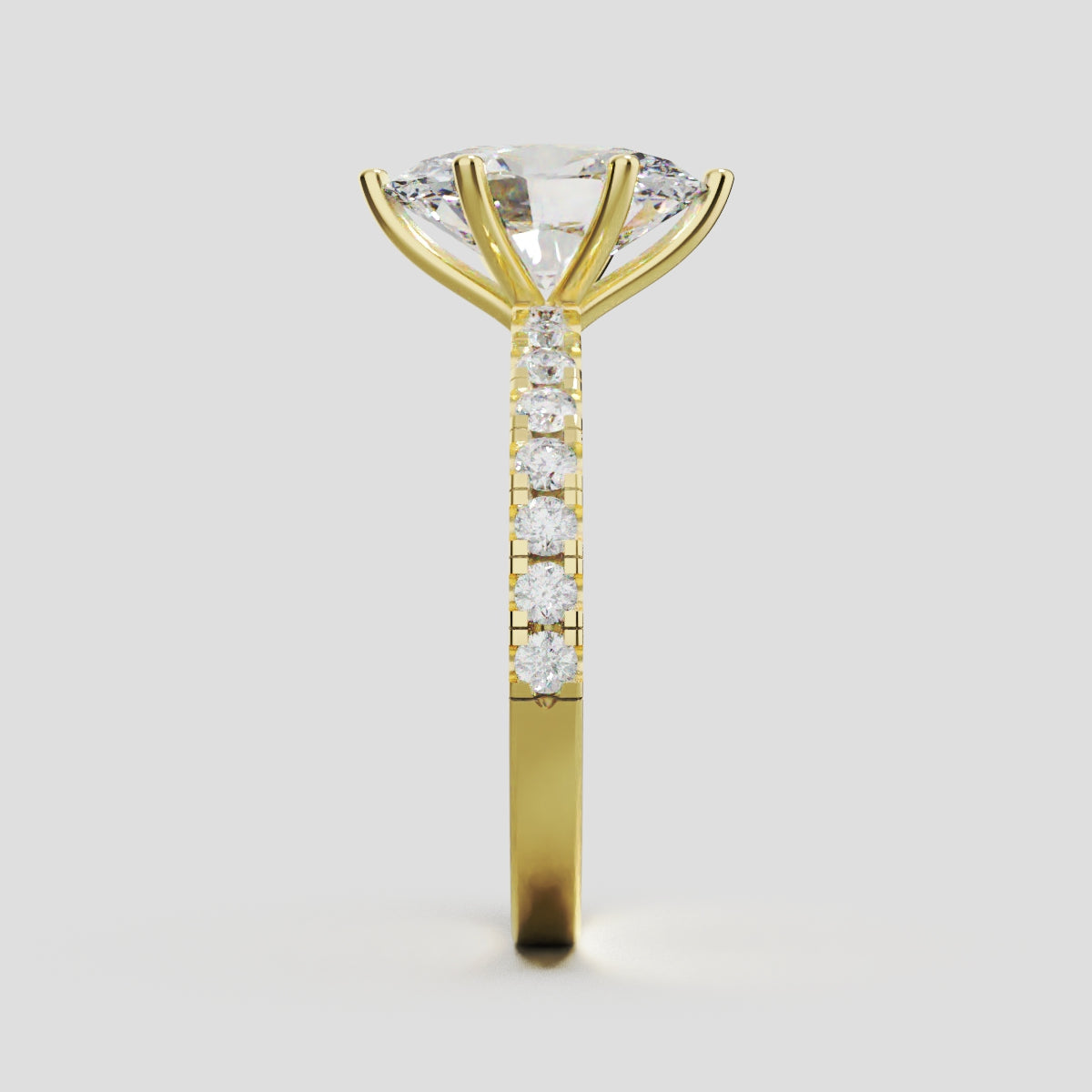 Bagliore, 2ct oval lab grown diamond engagement ring, 2.0mm Pave, 6 Prongs, 18K yellow gold - side view