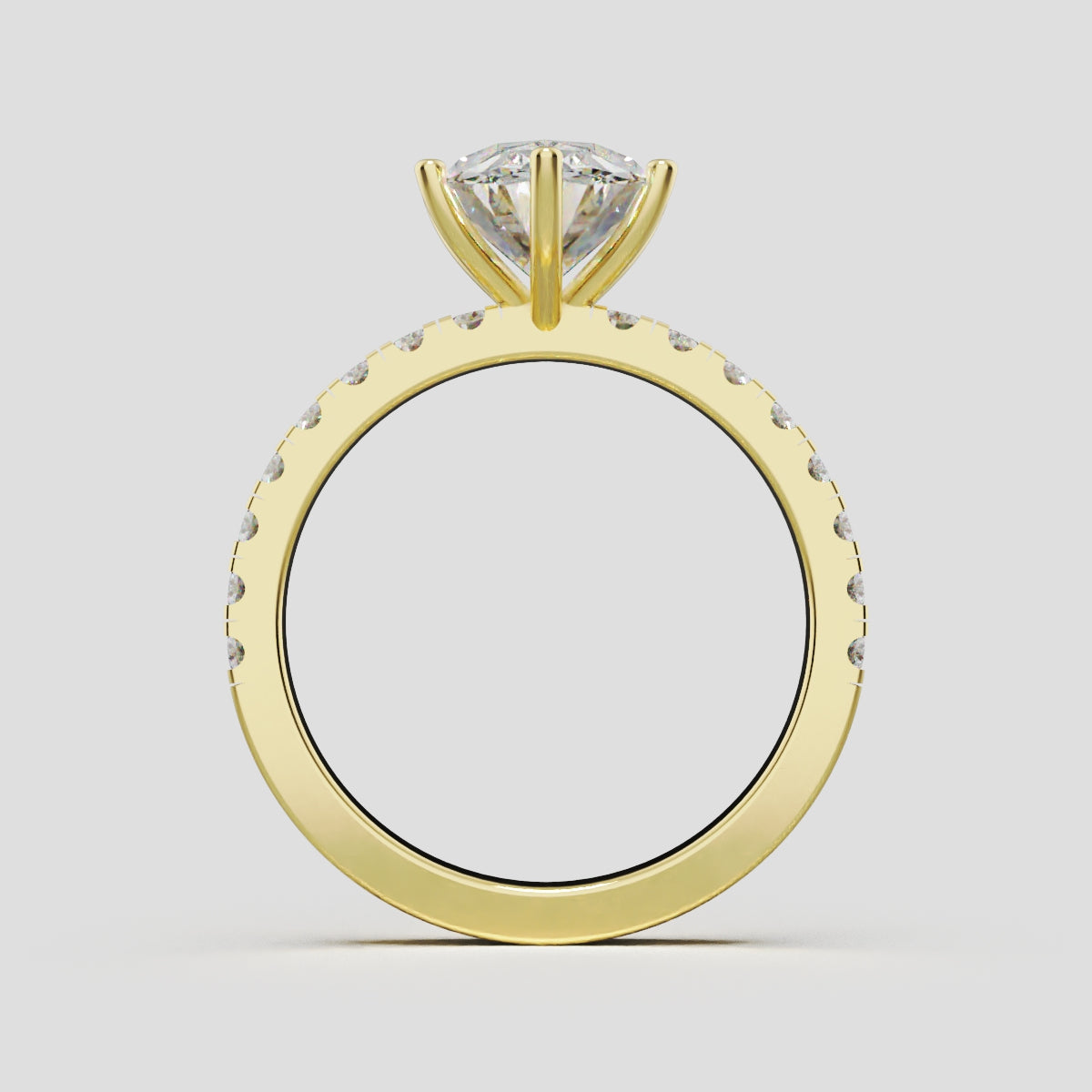 Bagliore, 2ct oval lab grown diamond engagement ring, 2.0mm Pave, 6 Prongs, 18K yellow gold - through finger