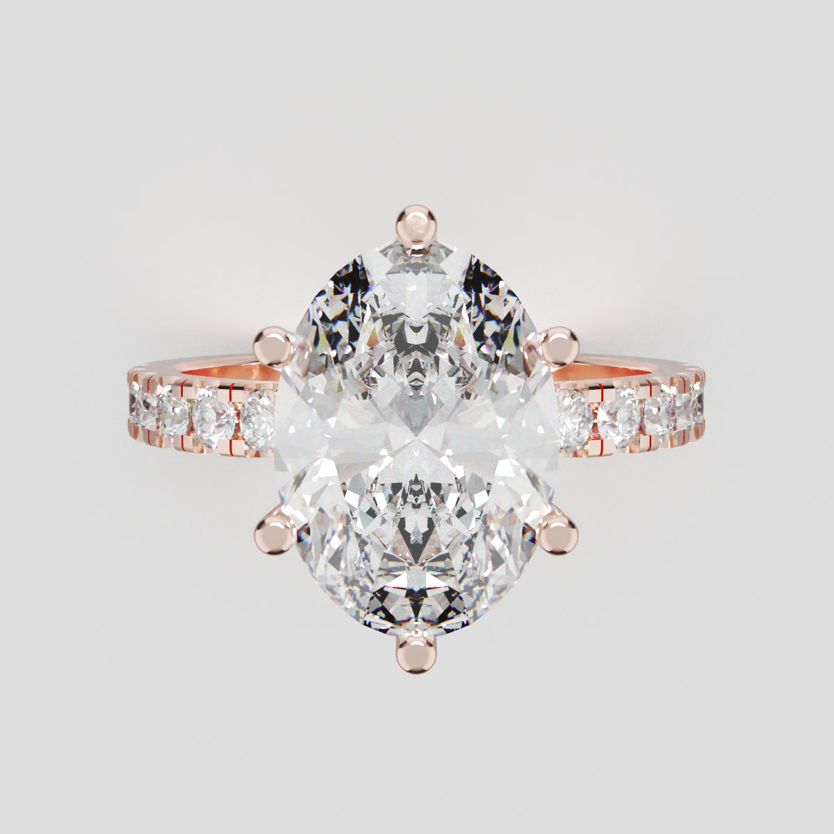 Bagliore, 3ct oval lab grown diamond engagement ring, 2.0mm Pave, 6 Prongs, 18K rose gold - front view