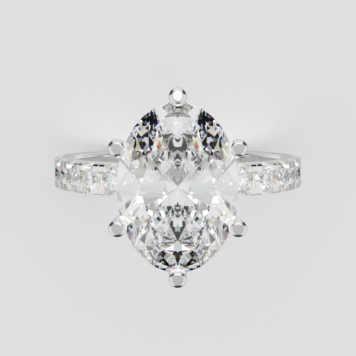 Bagliore, 3ct oval lab grown diamond engagement ring, 2.0mm Pave, 6 Prongs, 18K white gold - front view