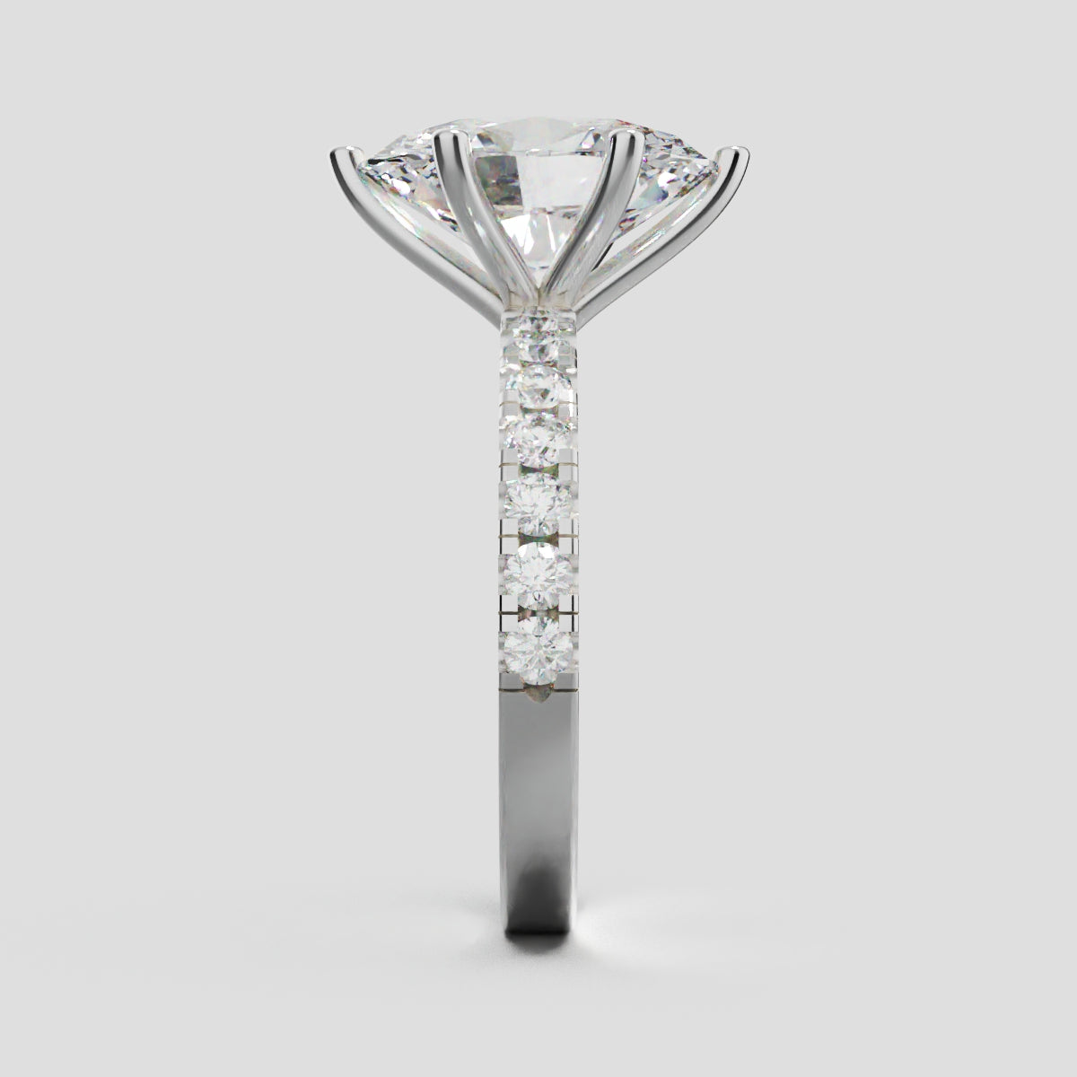 Bagliore, 3ct oval lab grown diamond engagement ring, 2.0mm Pave, 6 Prongs, 18K white gold - side view