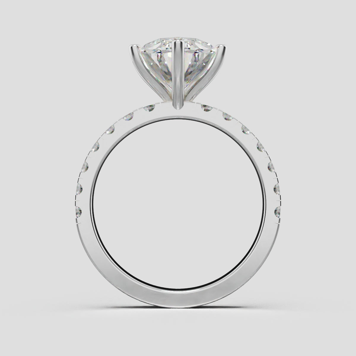 Bagliore, 3ct oval lab grown diamond engagement ring, 2.0mm Pave, 6 Prongs, 18K white gold - through finger