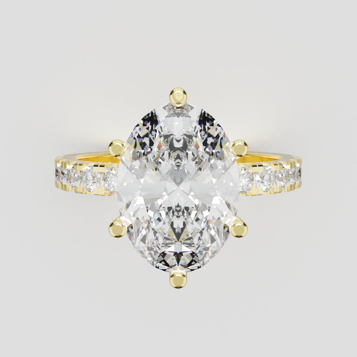 Bagliore, 3ct oval lab grown diamond engagement ring, 2.0mm Pave, 6 Prongs, 18K yellow gold - front view