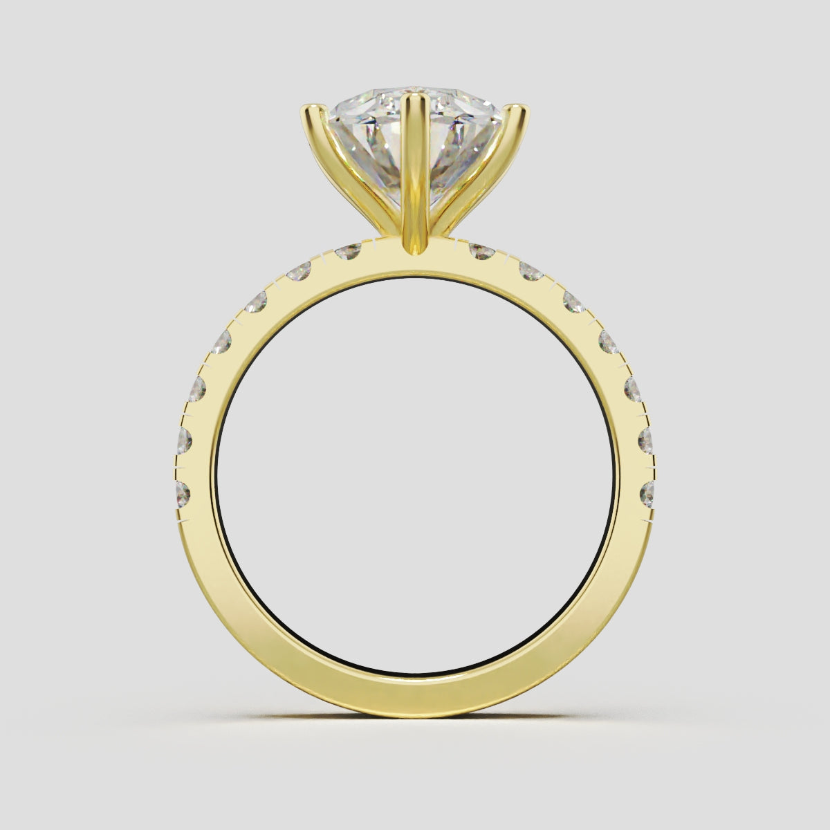 Bagliore, 3ct oval lab grown diamond engagement ring, 2.0mm Pave, 6 Prongs, 18K yellow gold - through finger