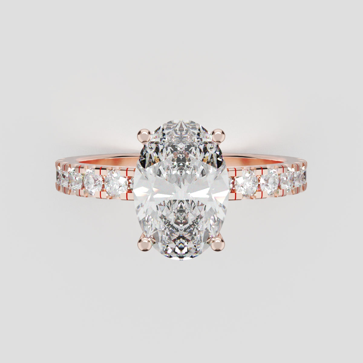 Penombra, 1.5ct oval lab grown diamond engagement ring, 2.0mm Pave, Hidden Halo, 18K rose gold - front view