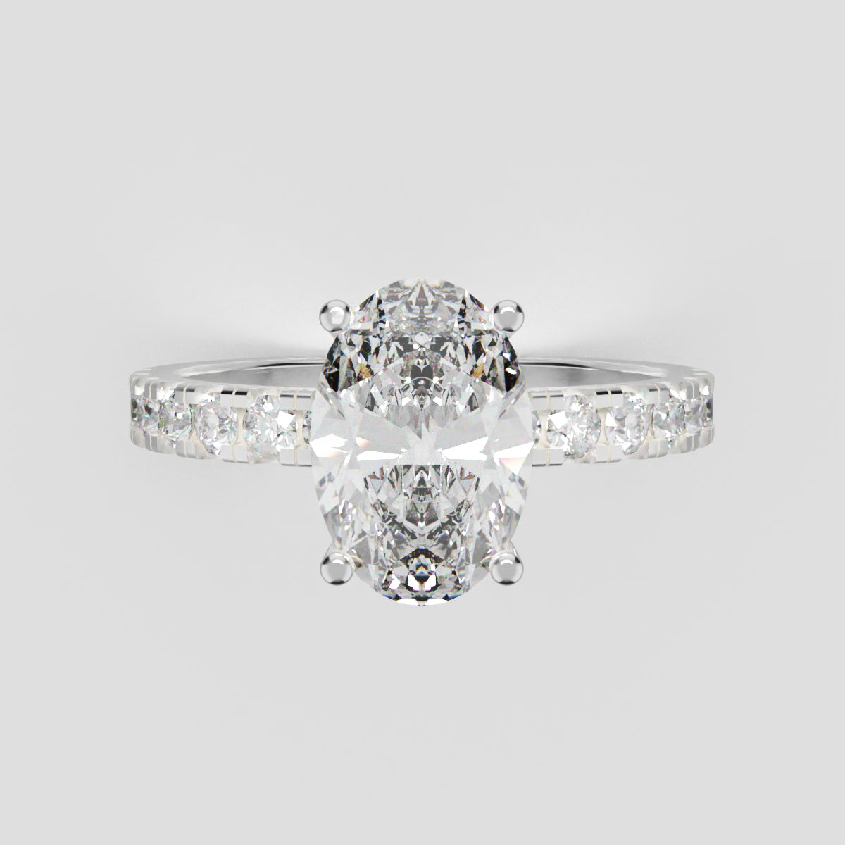Penombra, 1.5ct oval lab grown diamond engagement ring, 2.0mm Pave, Hidden Halo, 18K white gold - front view