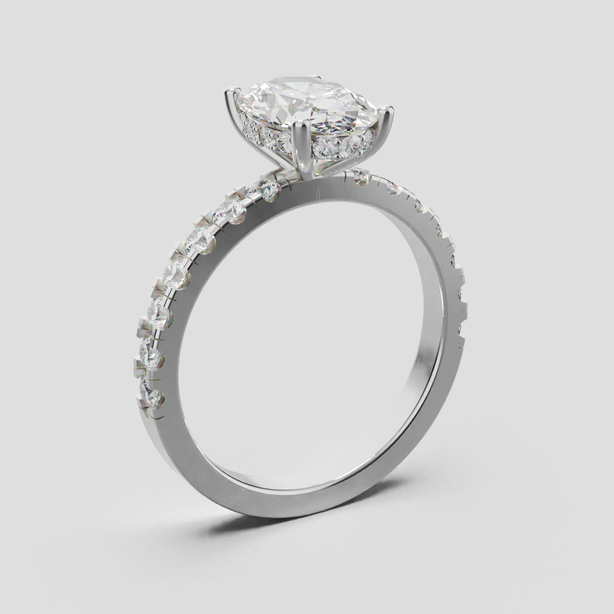 Penombra, 1.5ct oval lab grown diamond engagement ring, 2.0mm Pave, Hidden Halo, 18K white gold - ne